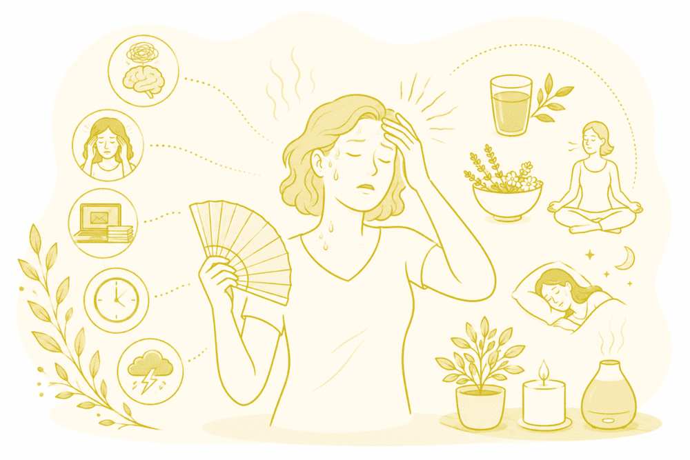 Hitzewallungen durch Stress: Auslöser wie Grübeln, Anspannung und Zeitdruck, daneben Wasser, Kräuter, Meditation und Schlaf